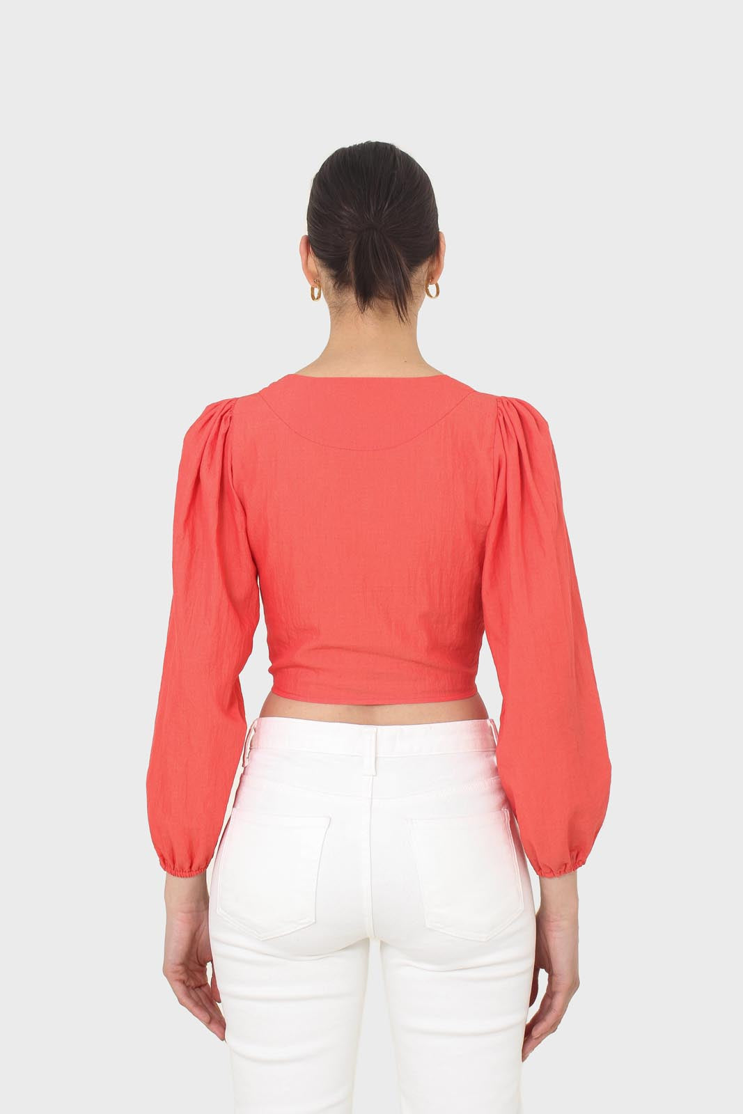 Red button up tie front cropped shirt