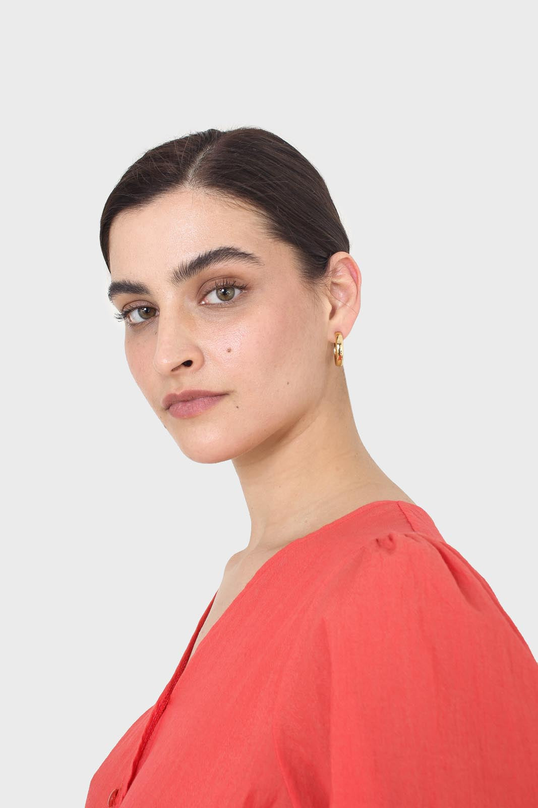 Red button up tie front cropped shirt
