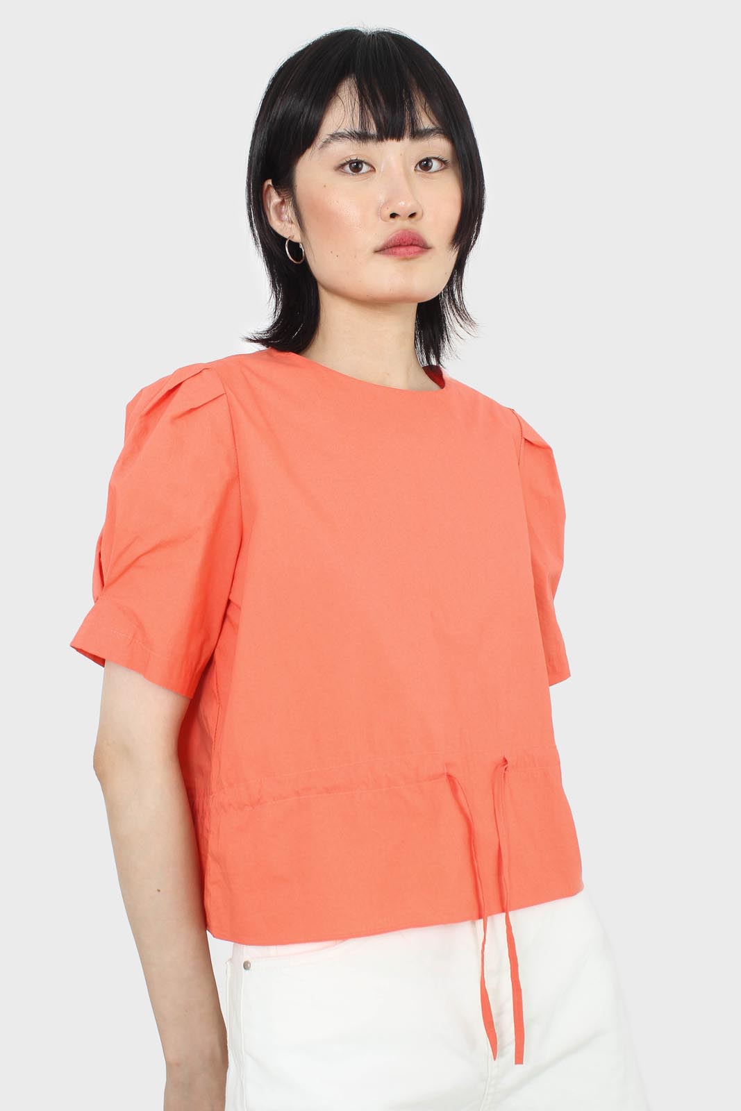 Orange drawstring waist puff short sleeved top