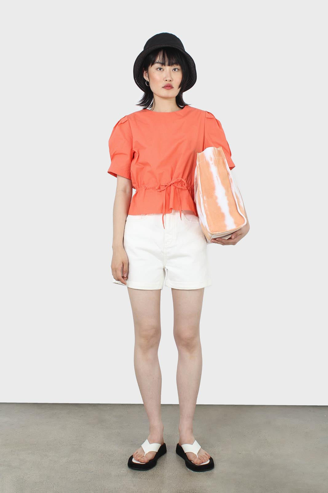 Orange drawstring waist puff short sleeved top