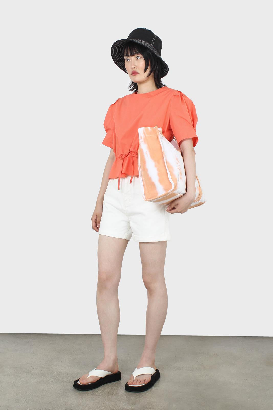 Orange drawstring waist puff short sleeved top