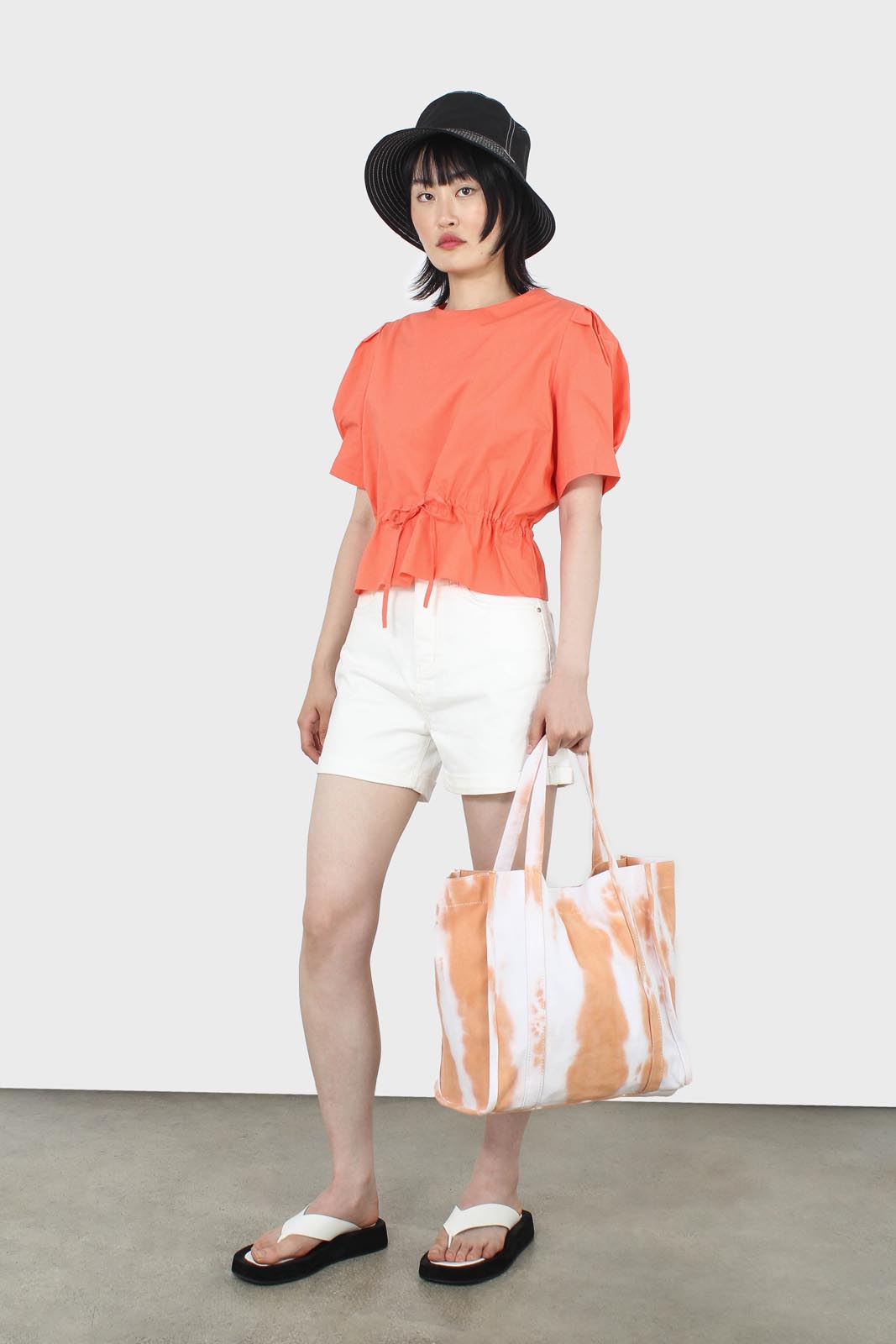 Orange drawstring waist puff short sleeved top