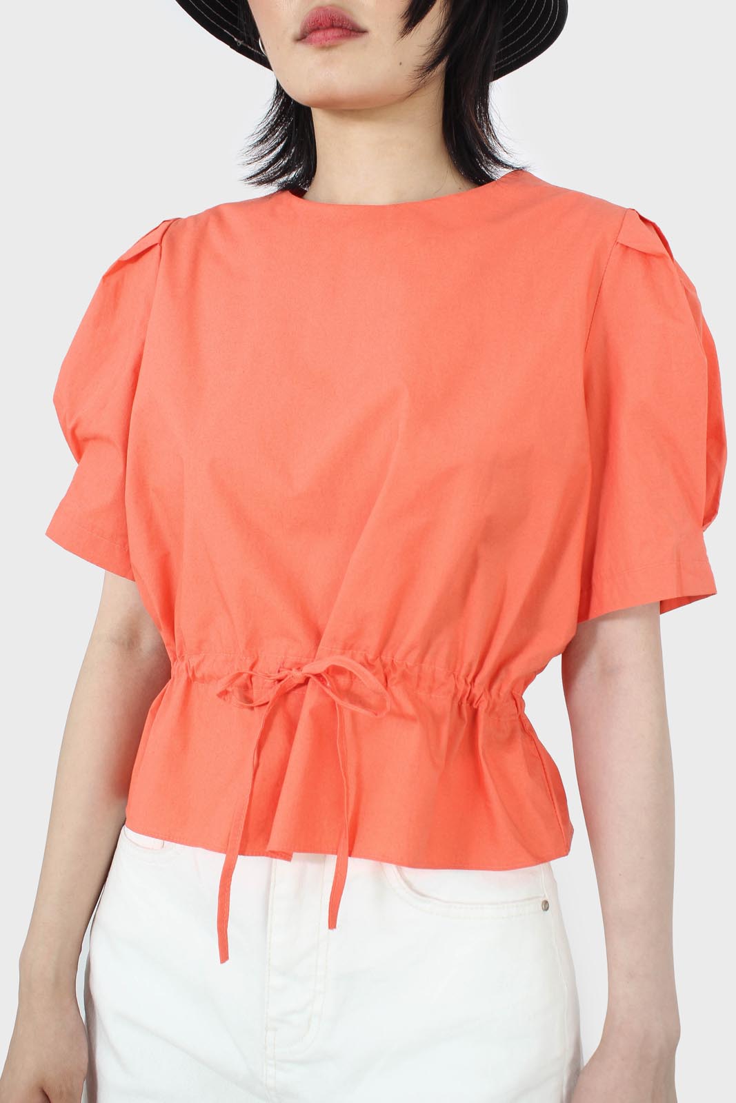 Orange drawstring waist puff short sleeved top