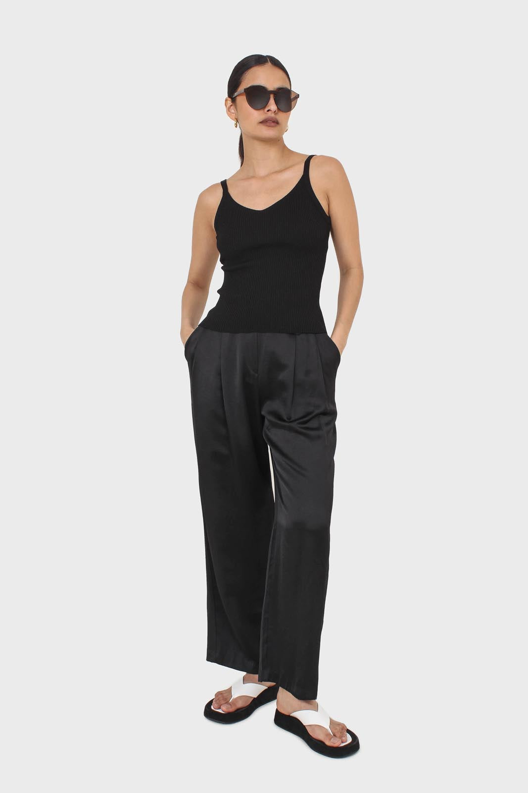 Black flap pocket satin wide leg trousers