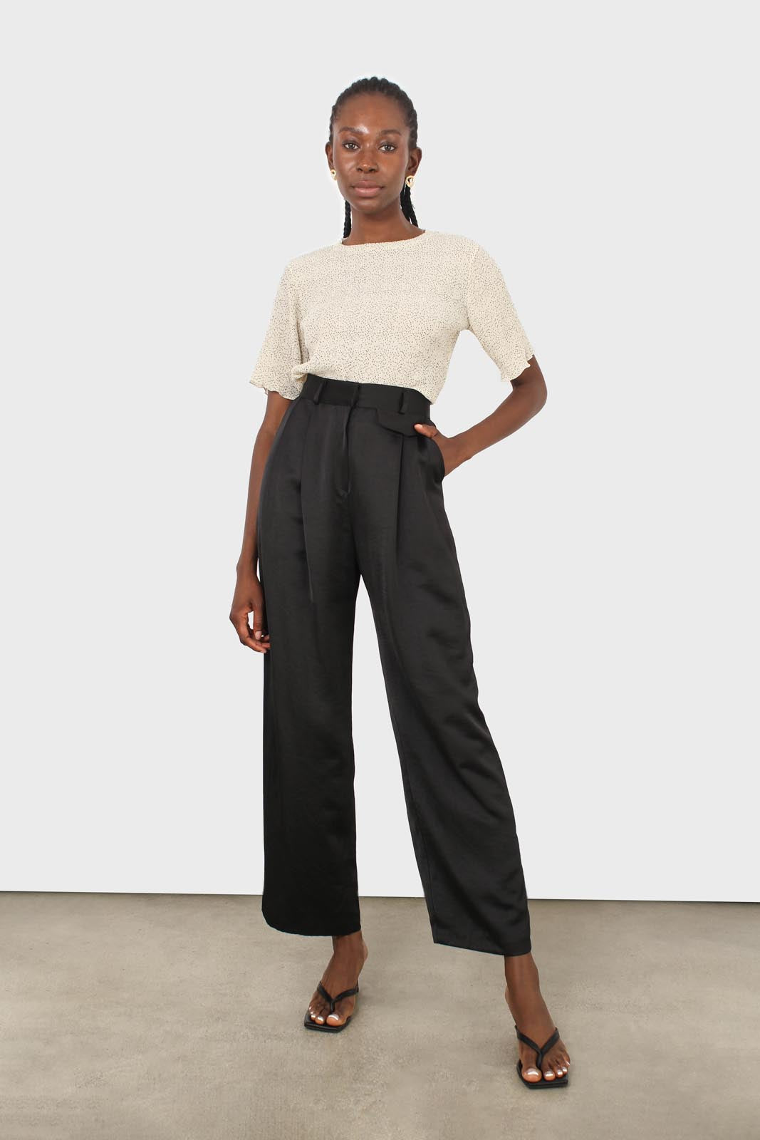 Black flap pocket satin wide leg trousers