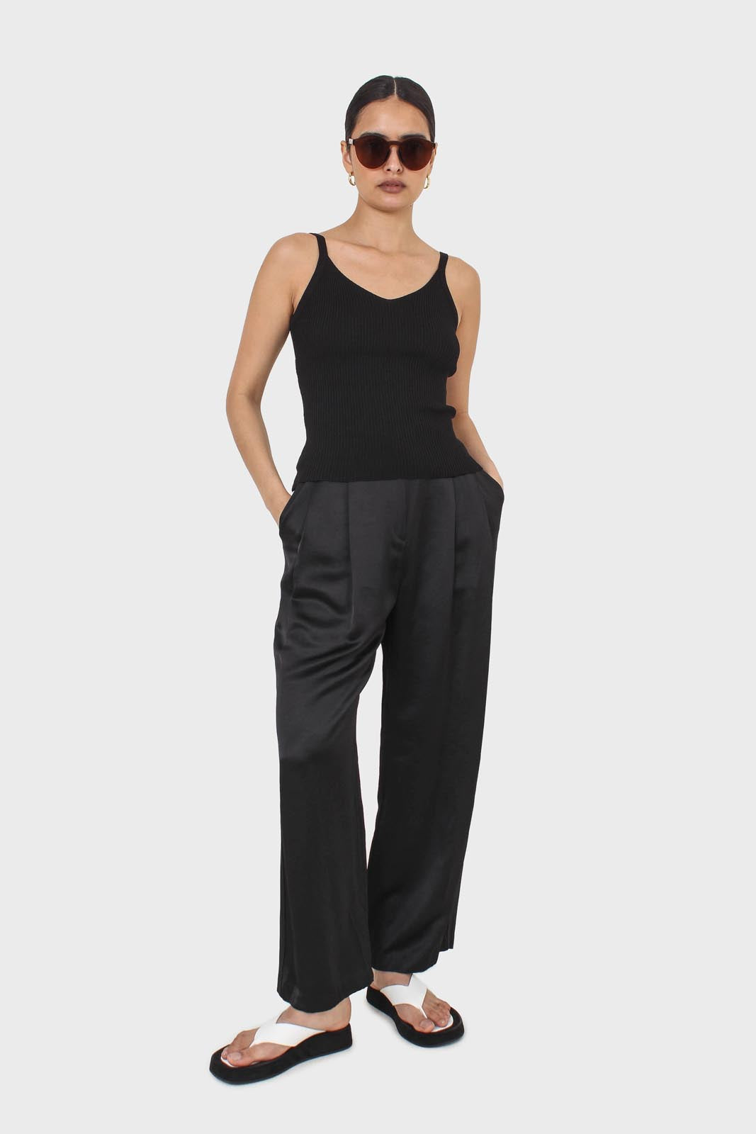 Black flap pocket satin wide leg trousers