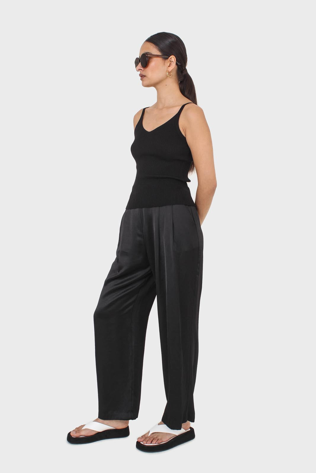 Black flap pocket satin wide leg trousers
