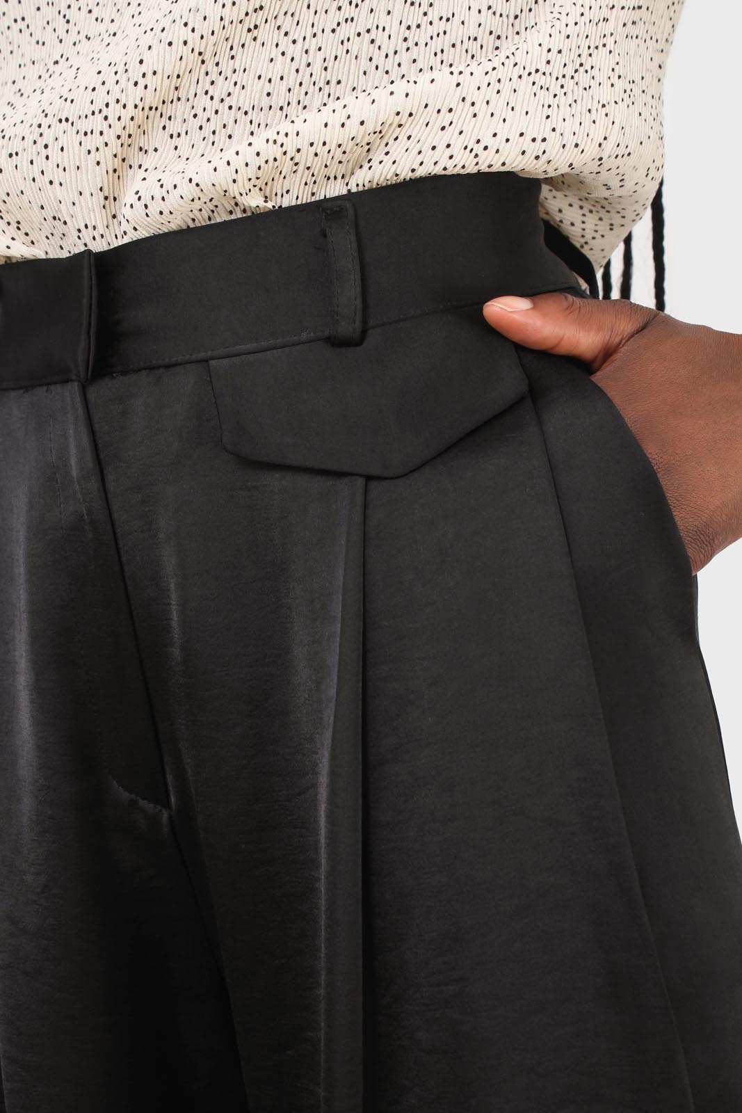 Black flap pocket satin wide leg trousers