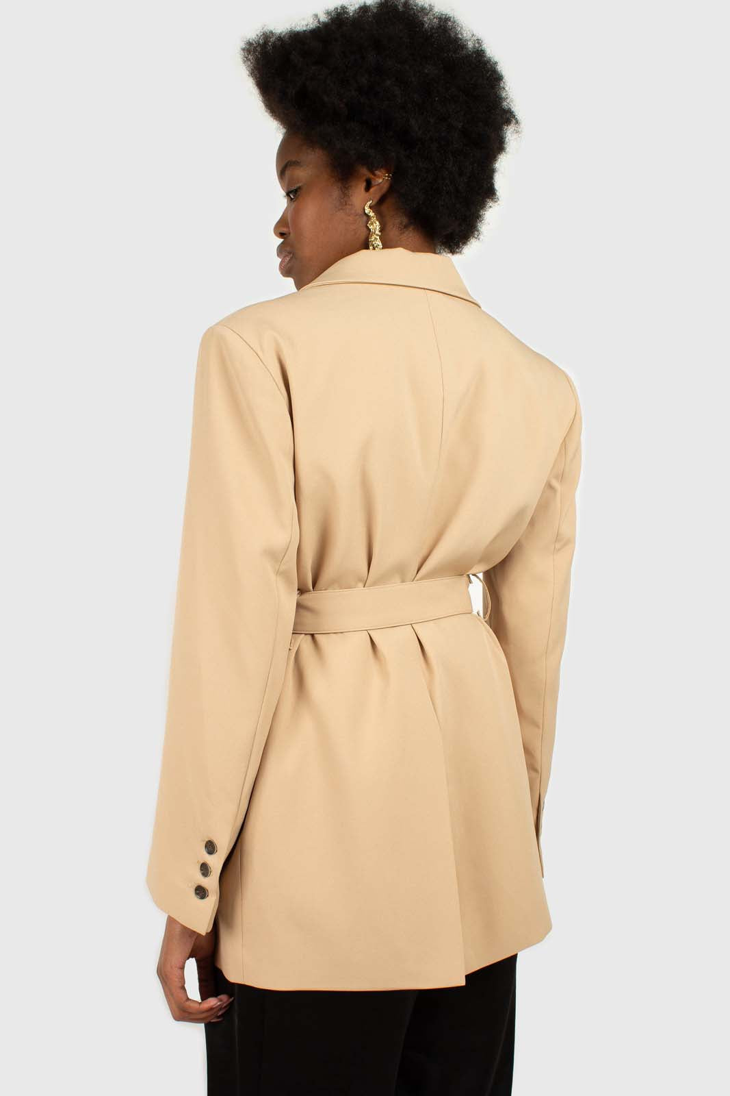 Beige flap pocket long belted blazer