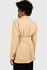 Beige flap pocket long belted blazer