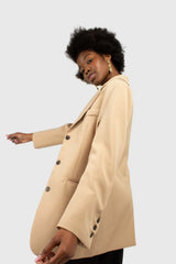 Beige flap pocket long belted blazer
