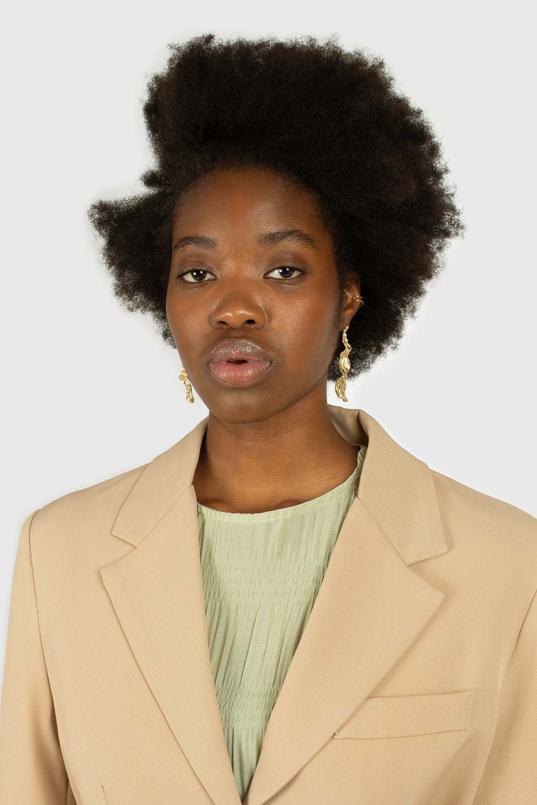 Beige flap pocket long belted blazer