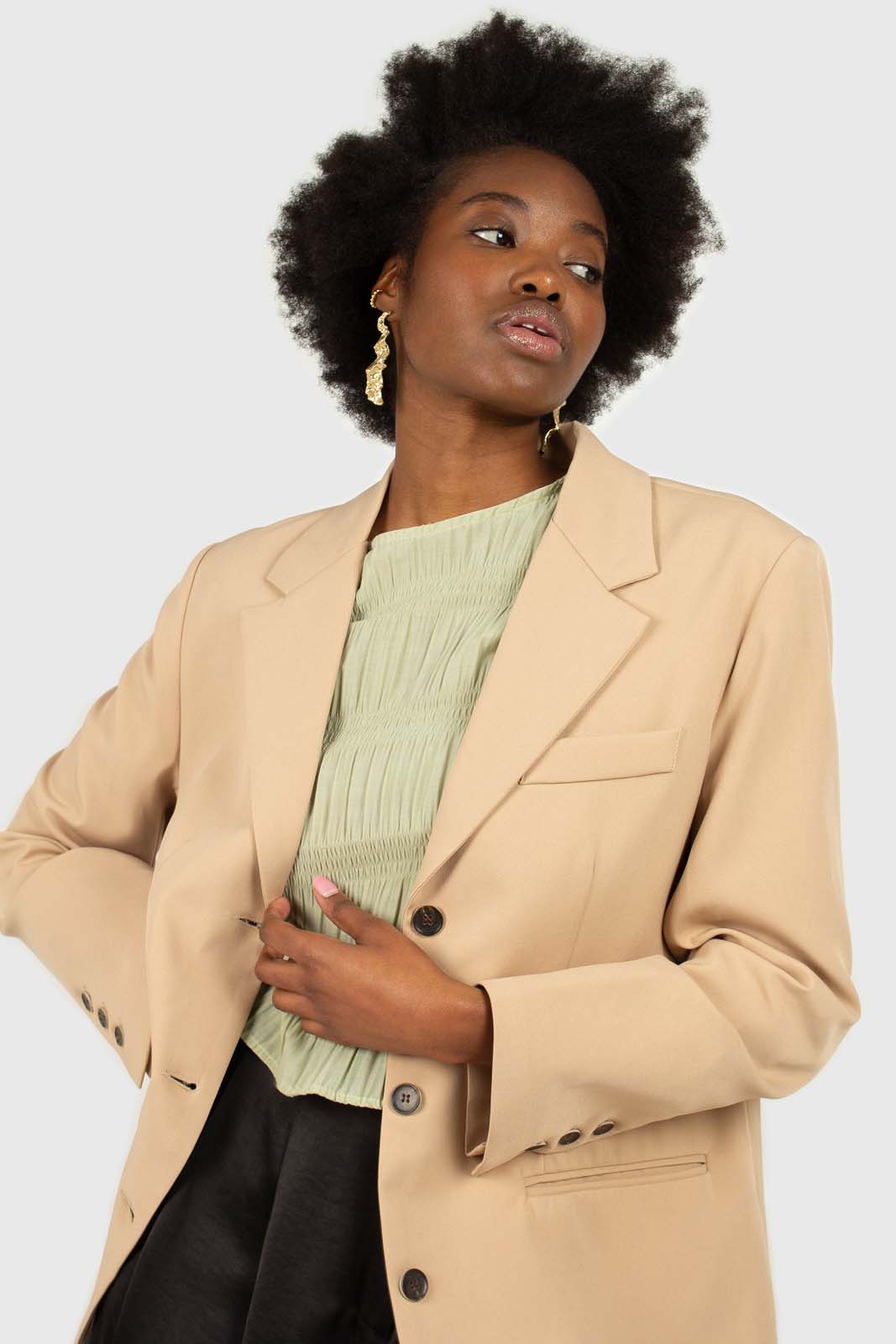 Beige flap pocket long belted blazer