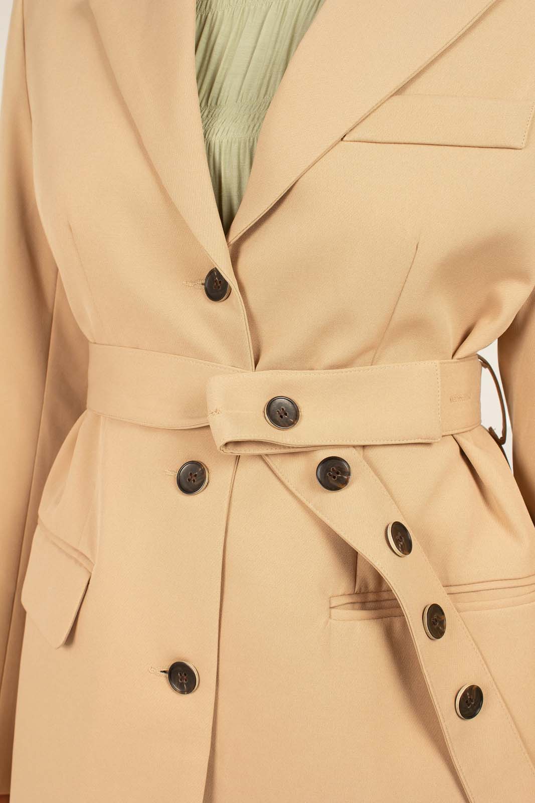 Beige flap pocket long belted blazer
