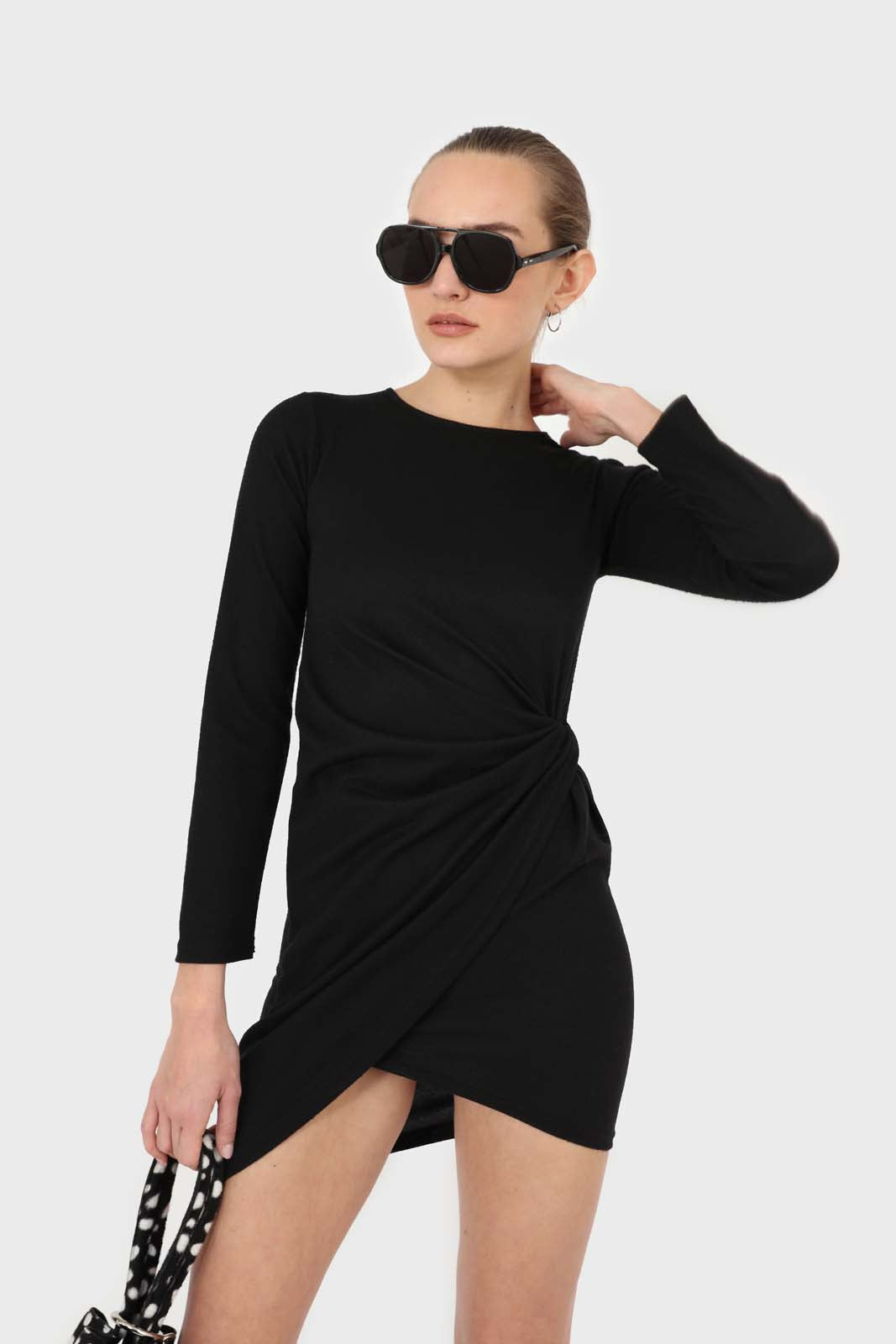 Black twist side fitted jersey mini dress