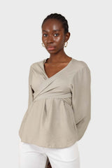 Khaki wrap tie waist cropped blouse