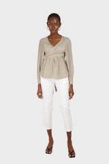 Khaki wrap tie waist cropped blouse
