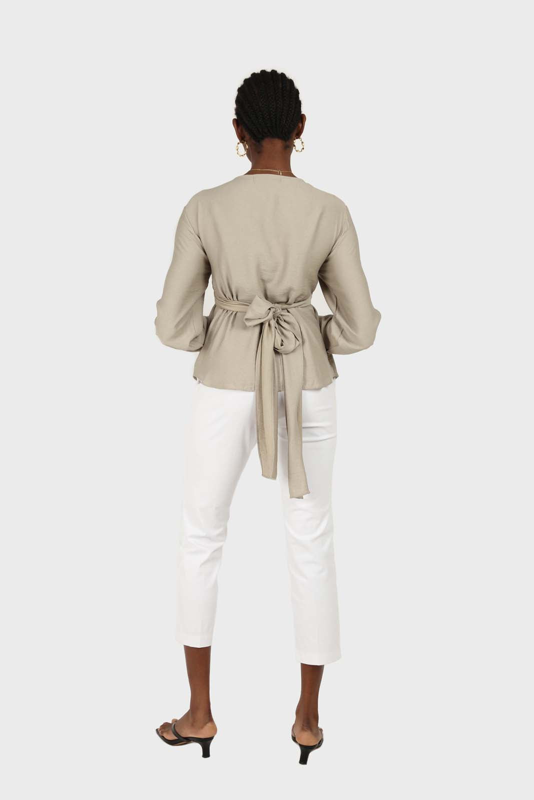 Khaki wrap tie waist cropped blouse