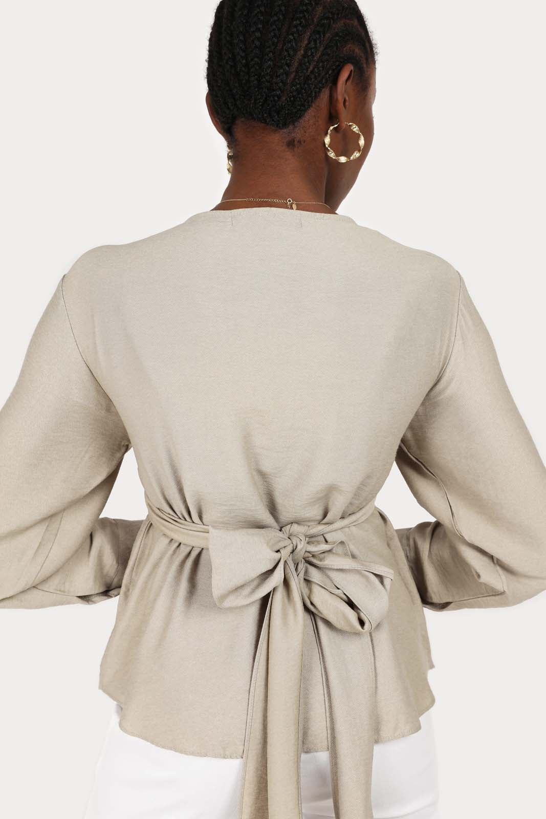 Khaki wrap tie waist cropped blouse