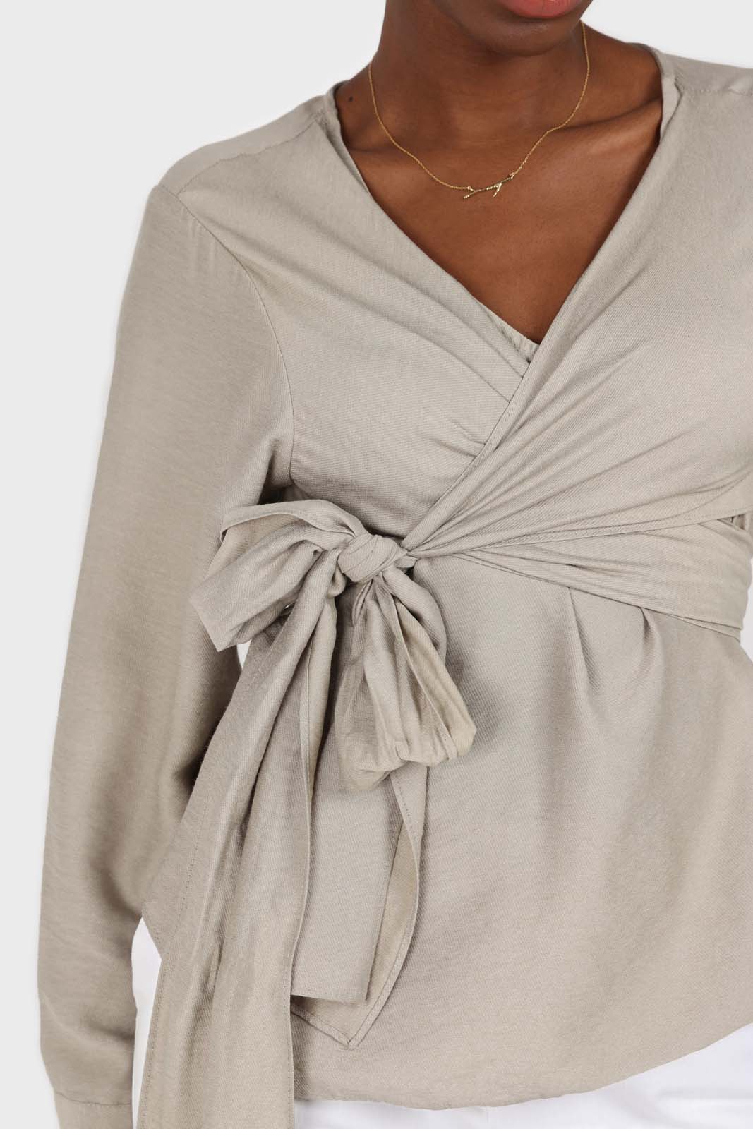 Khaki wrap tie waist cropped blouse