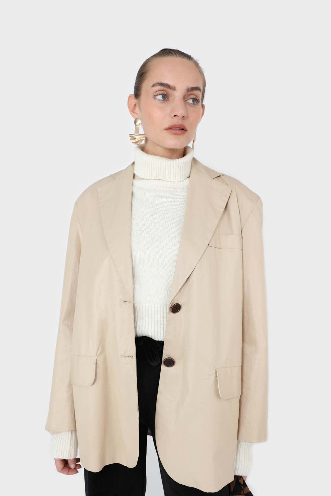 Beige vegan leather flap pocket oversized blazer