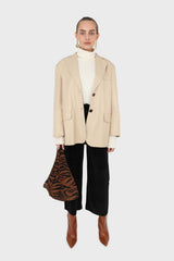 Beige vegan leather flap pocket oversized blazer