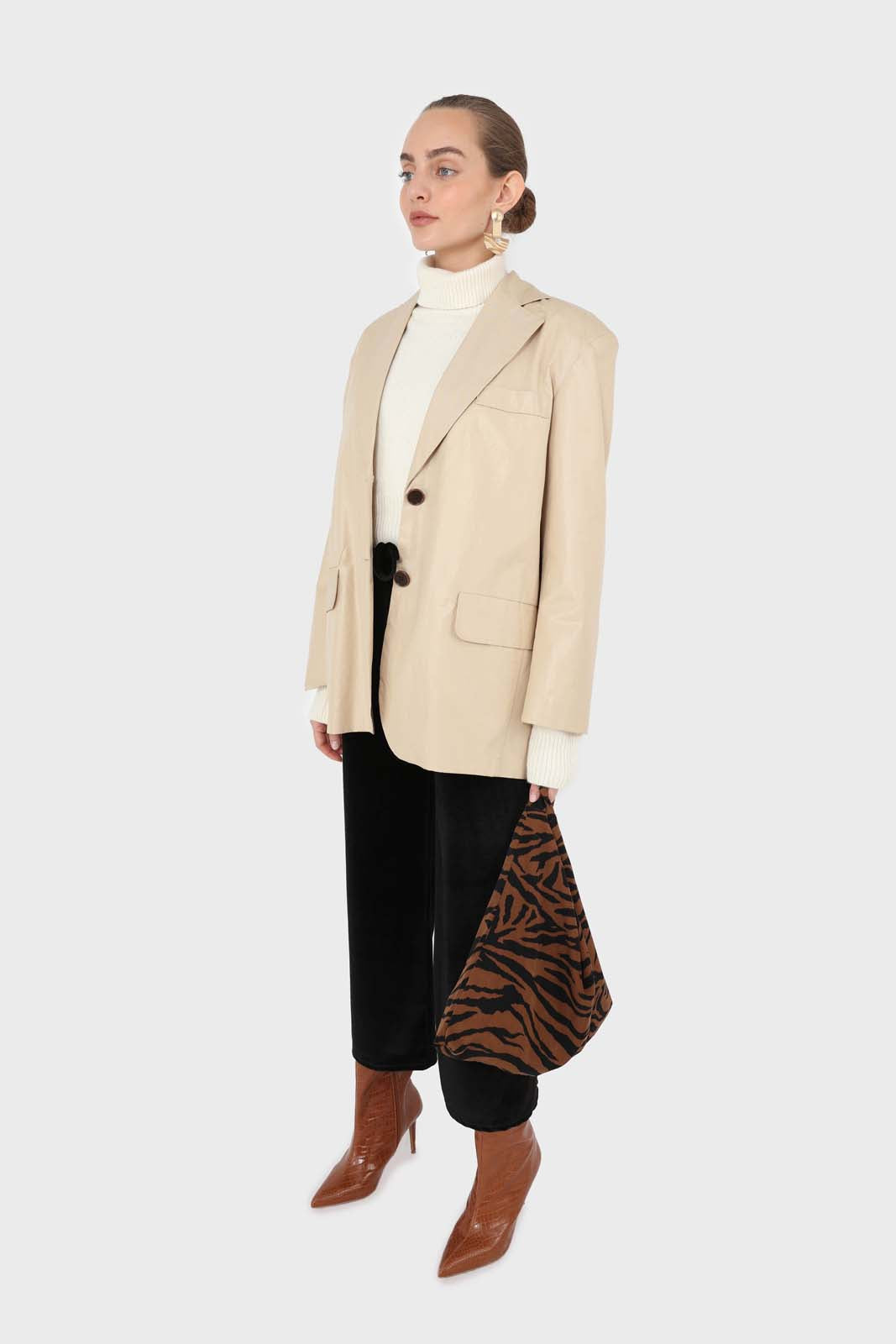 Beige vegan leather flap pocket oversized blazer