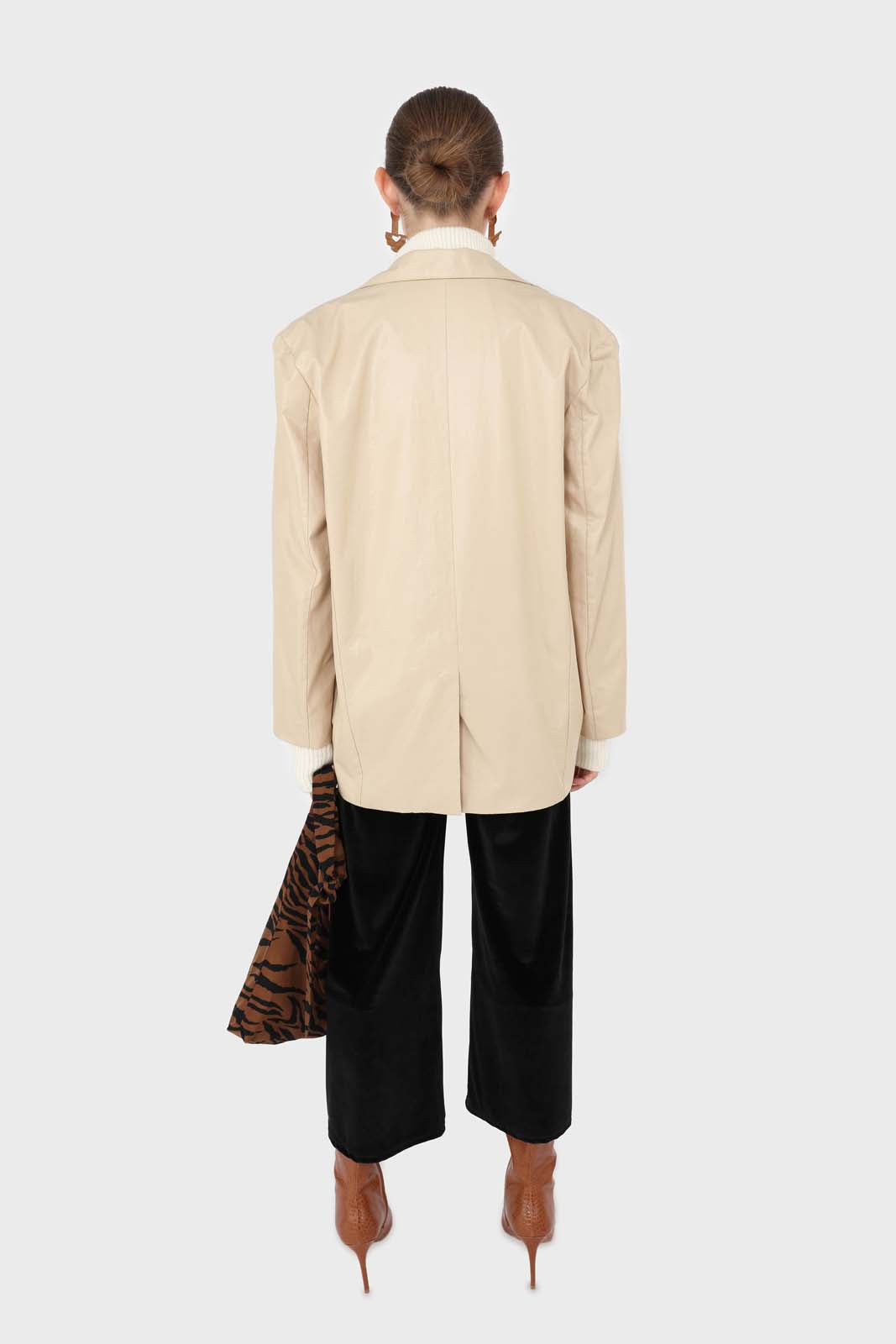 Beige vegan leather flap pocket oversized blazer
