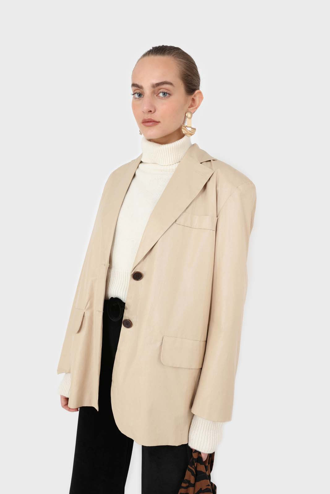 Beige vegan leather flap pocket oversized blazer