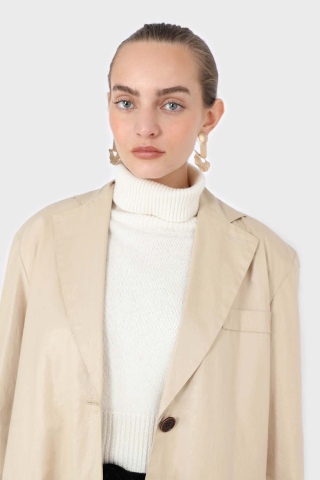 Beige vegan leather flap pocket oversized blazer