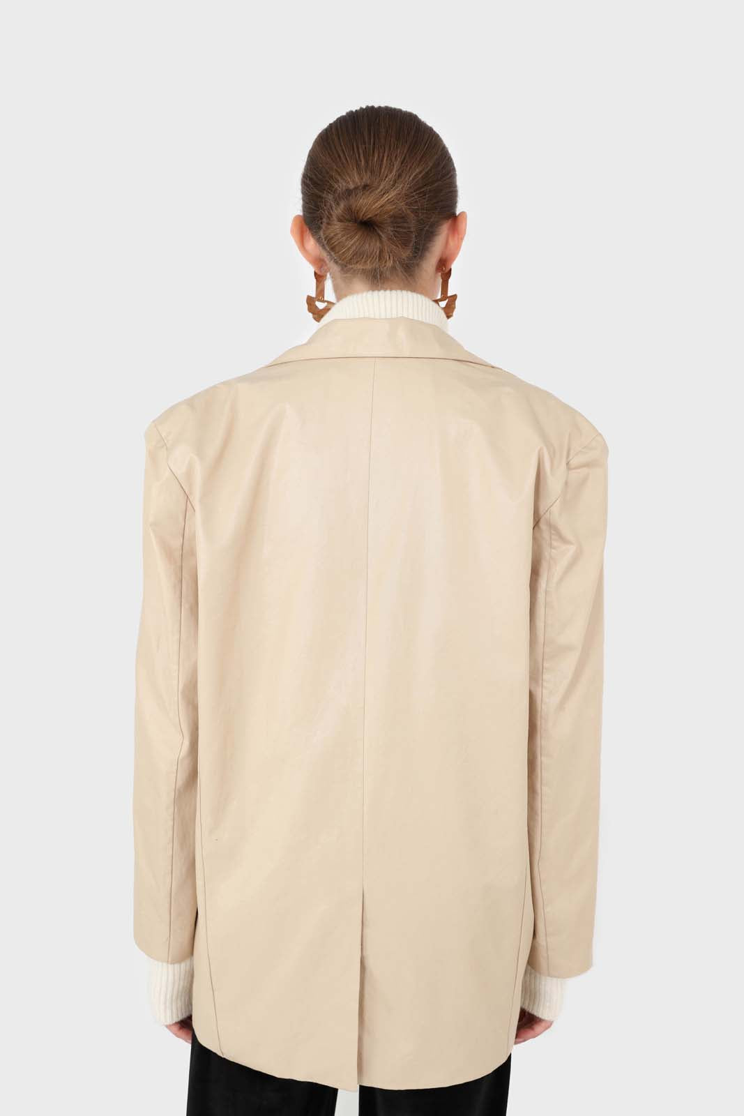Beige vegan leather flap pocket oversized blazer