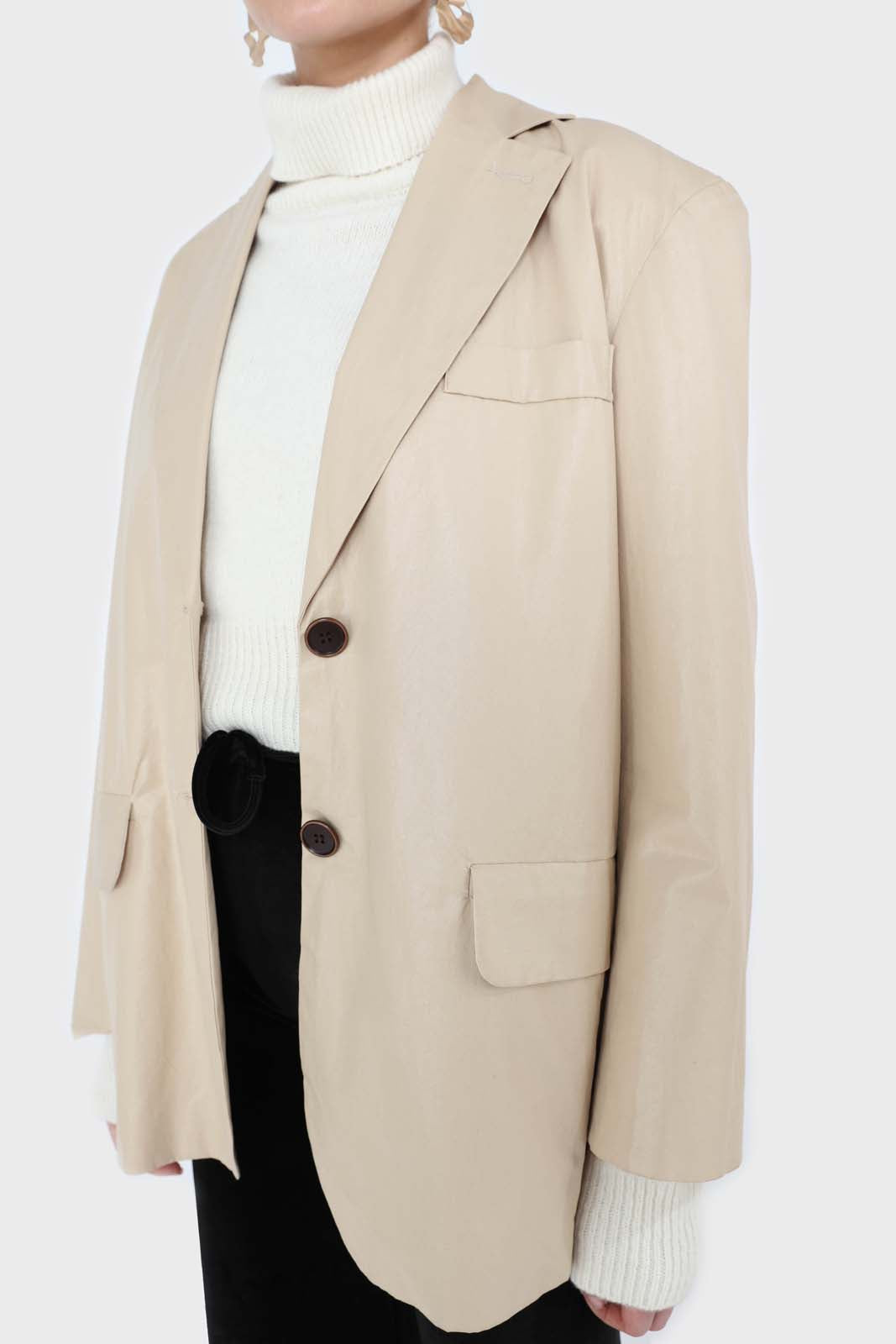 Beige vegan leather flap pocket oversized blazer