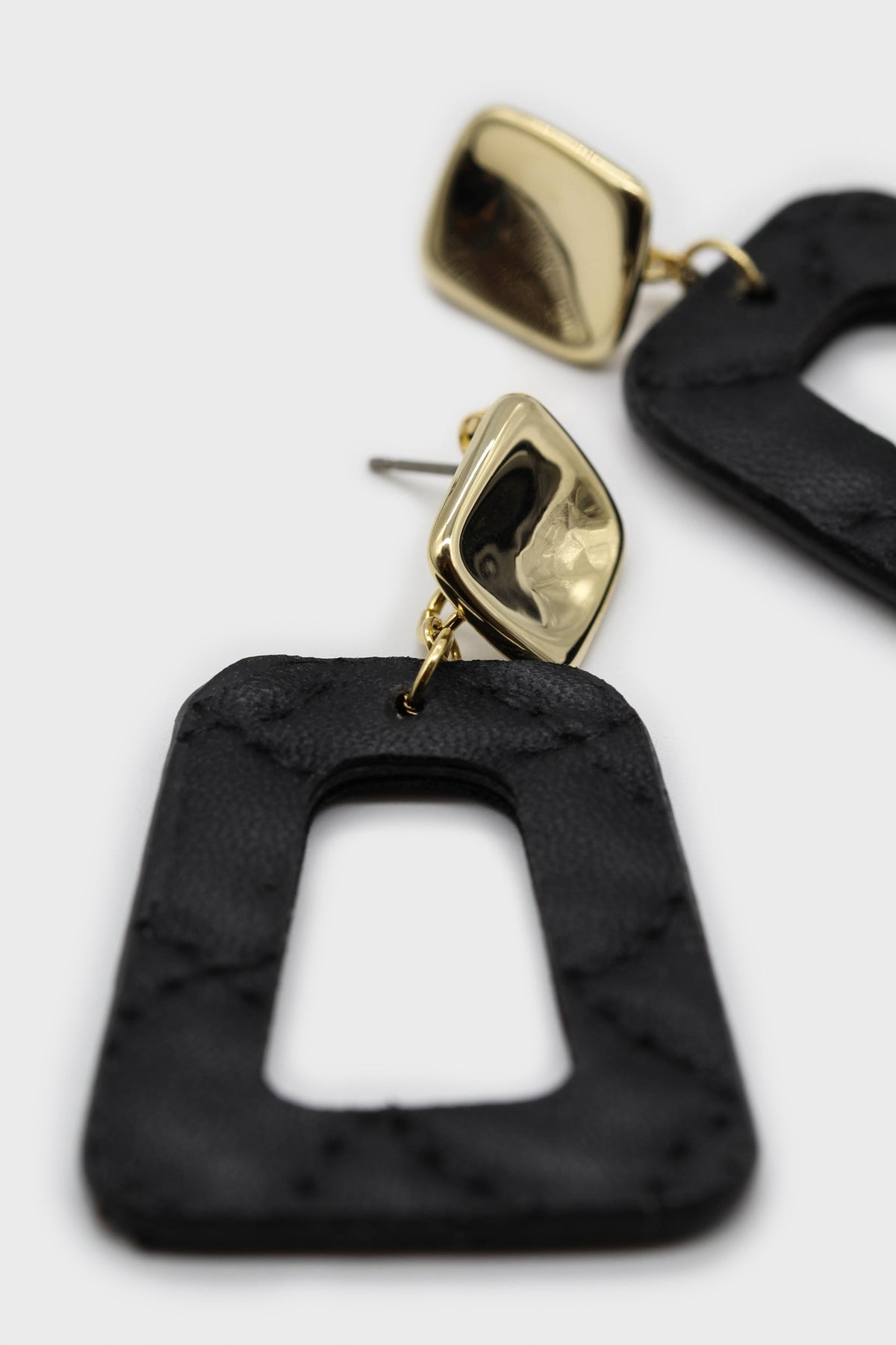 Gold and black vegan leather square drop earrings