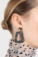 Gold and black vegan leather square drop earrings