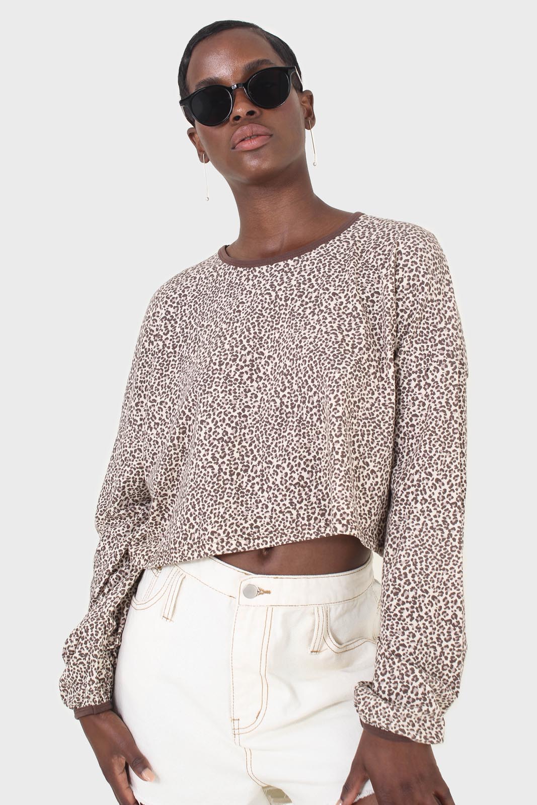 Ivory and brown leopard print cropped long sleeved top