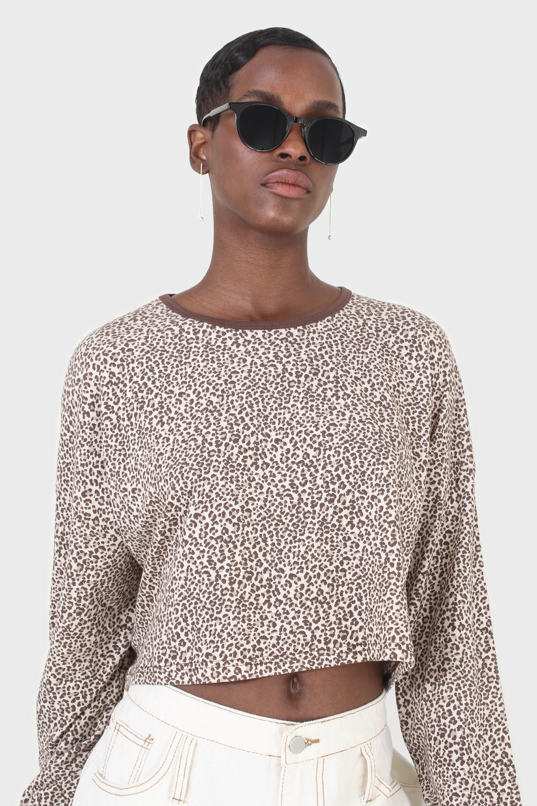Ivory and brown leopard print cropped long sleeved top