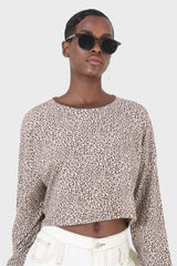 Ivory and brown leopard print cropped long sleeved top