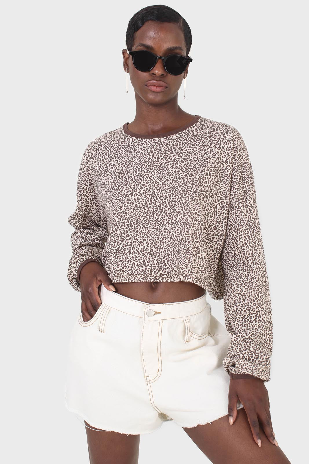 Ivory and brown leopard print cropped long sleeved top