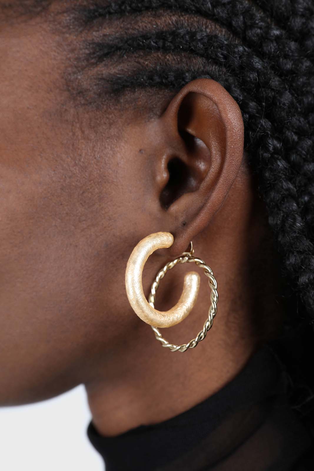 Gold and metallic beige double hoop earrings