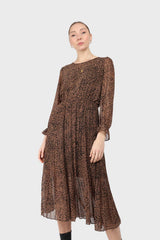Camel animal print silky micro pleat long sleeved maxi dress