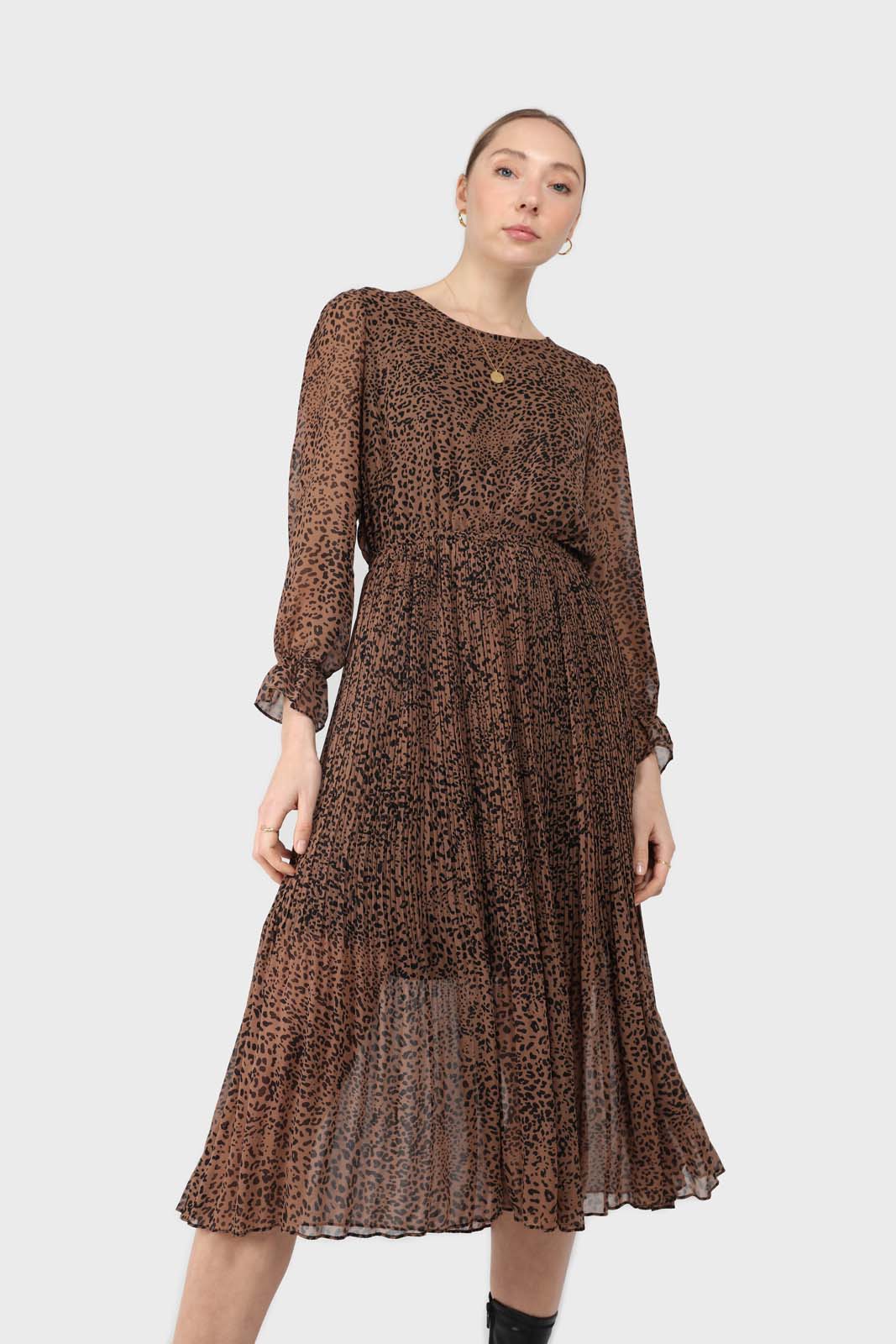 Camel animal print silky micro pleat long sleeved maxi dress