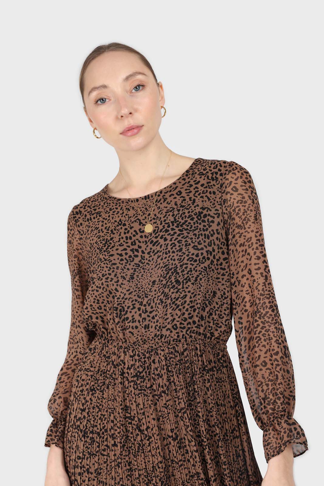 Camel animal print silky micro pleat long sleeved maxi dress