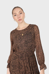 Camel animal print silky micro pleat long sleeved maxi dress