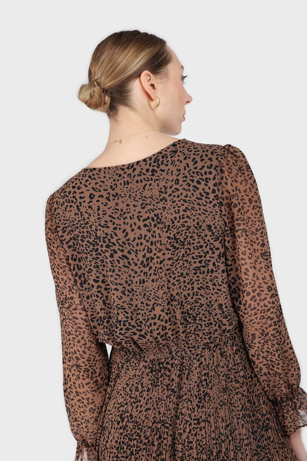 Camel animal print silky micro pleat long sleeved maxi dress