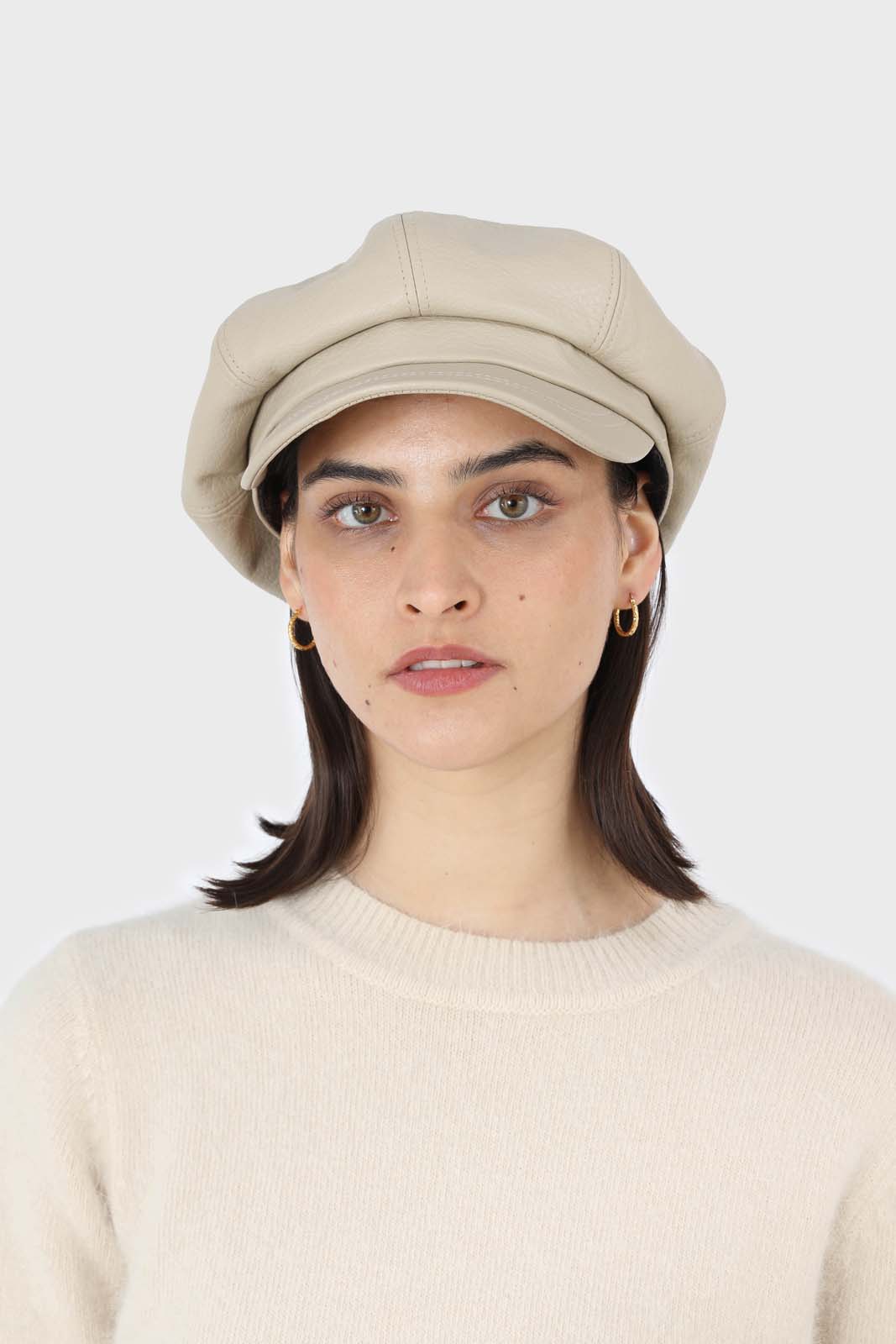 Ivory vegan leather baker boy hat