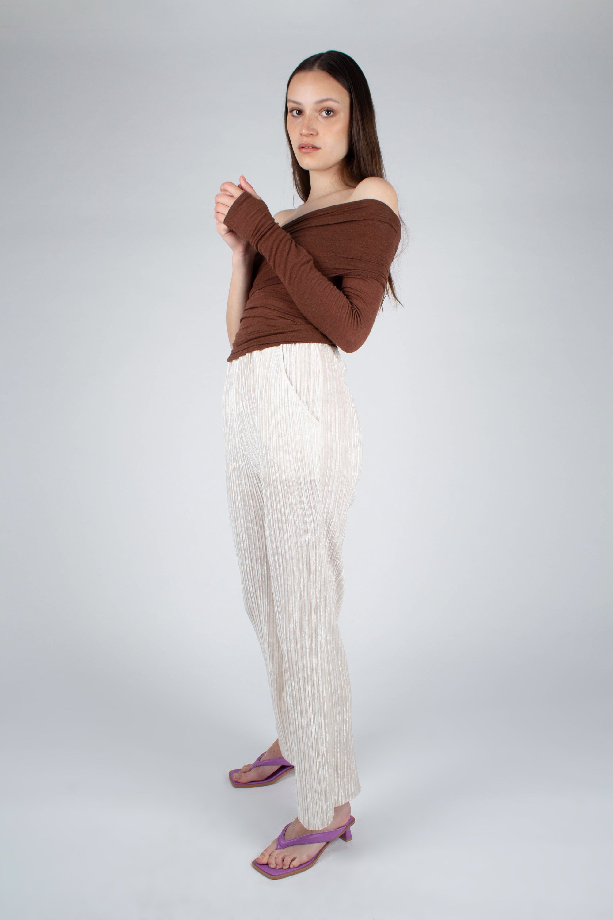 Ivory brushed velvet flare trousers