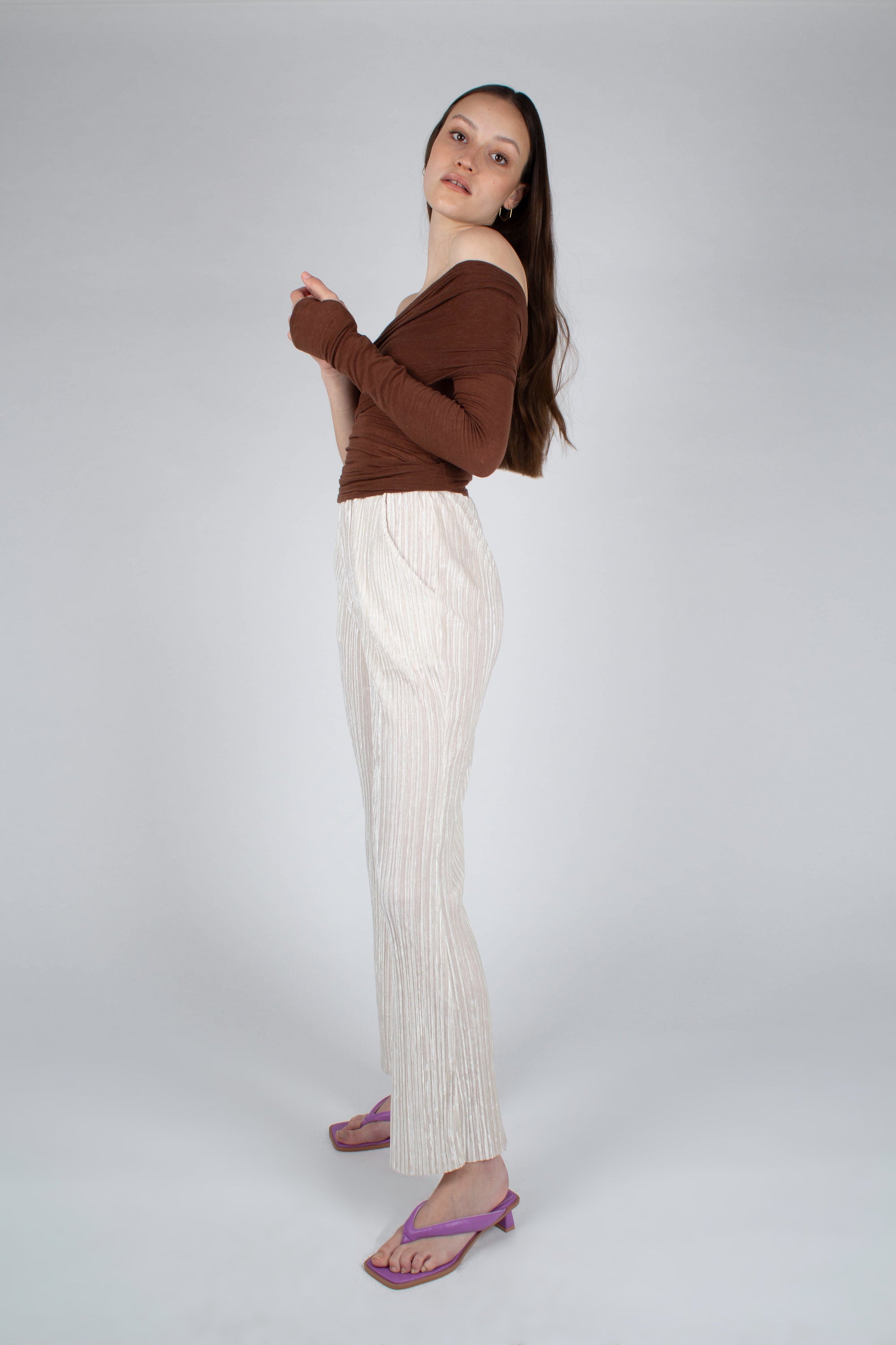 Ivory brushed velvet flare trousers