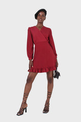 Red polka dot wrap front long sleeved mini dress