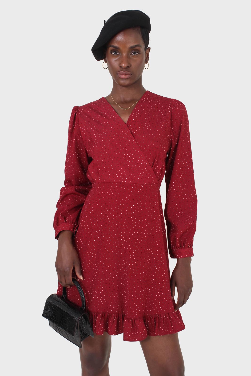 Red polka dot wrap front long sleeved mini dress