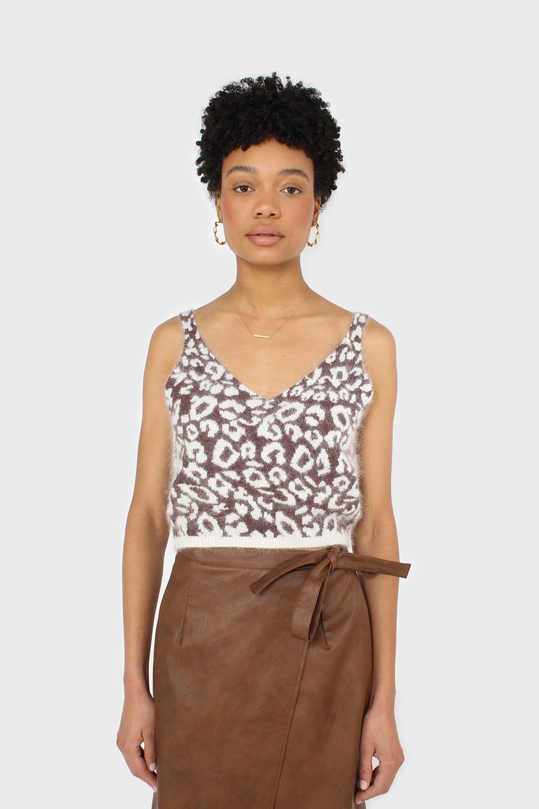 Ivory and brown leopard angora tank